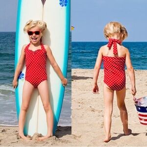 Girl Swimsuit, One Piece Polka Dot Halter, Red